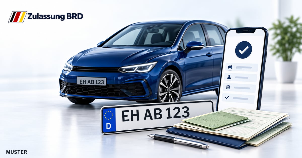 Online Fahrzeugzulassung in Schöneiche bei Berlin: Musterkennzeichen EH AB 123, Auto und Fahrzeugpapiere und Smartphone. Illustration mit Logo von Zulassung BRD.